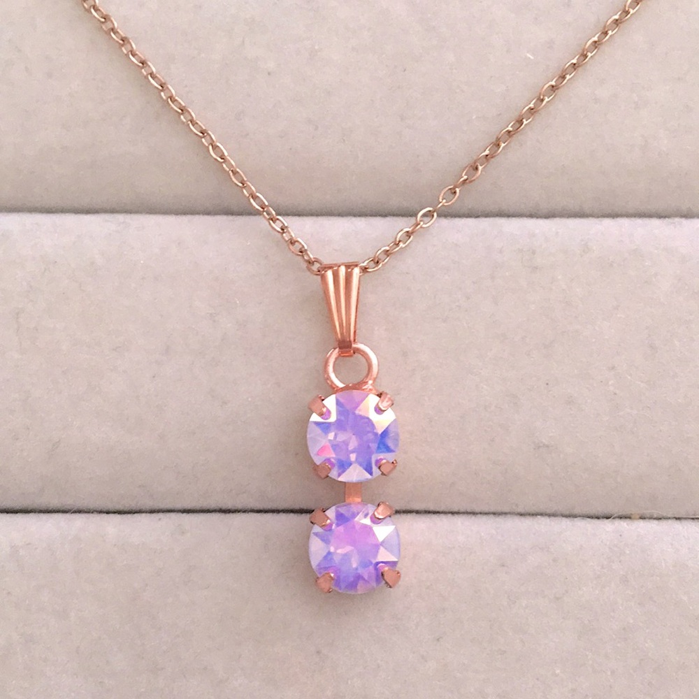 Iridescent Lilac Purple Opal Aurora Borealis + Rose Gold Crystal Drop Necklace